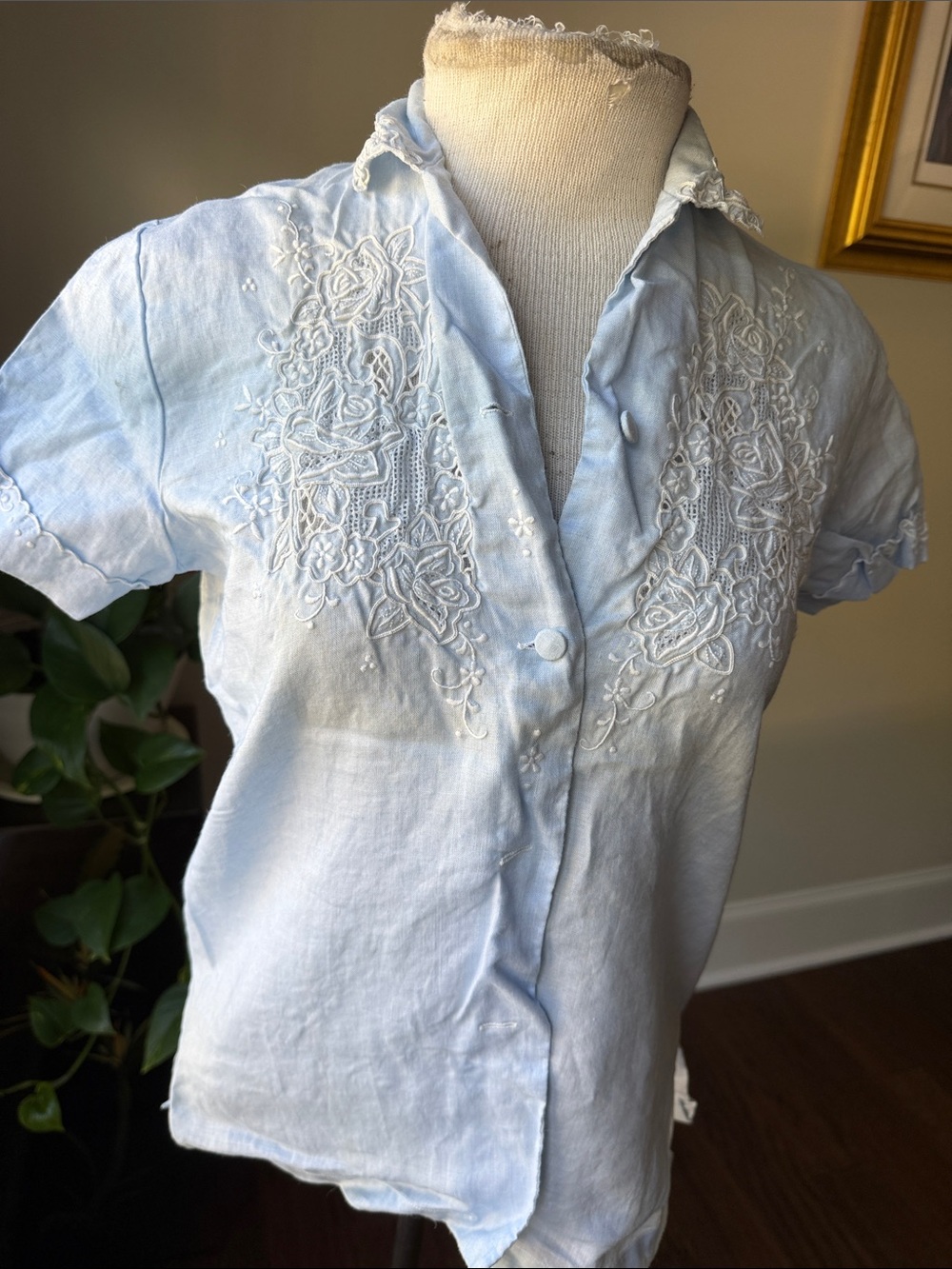 Light Blue Embroidered Short-Sleeve Women's Blouse